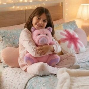 Kellytoy Soft Fluffy Pink Pig Plush with Purple Ears Feet Nose Sparkle eyes 12"